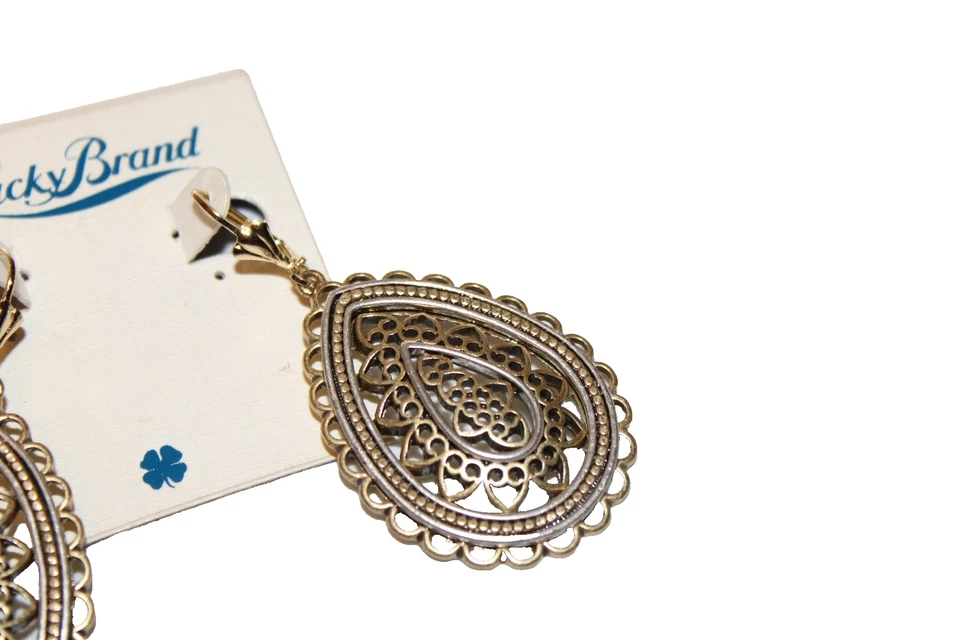 Lucky Brand Earrings gold tone teardrop cut off design ladies lever back - Image 2 of 2