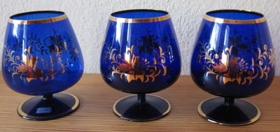 Böhmisches Glas blau mit gold Cognacschwenker Bohemia 3 Stück
