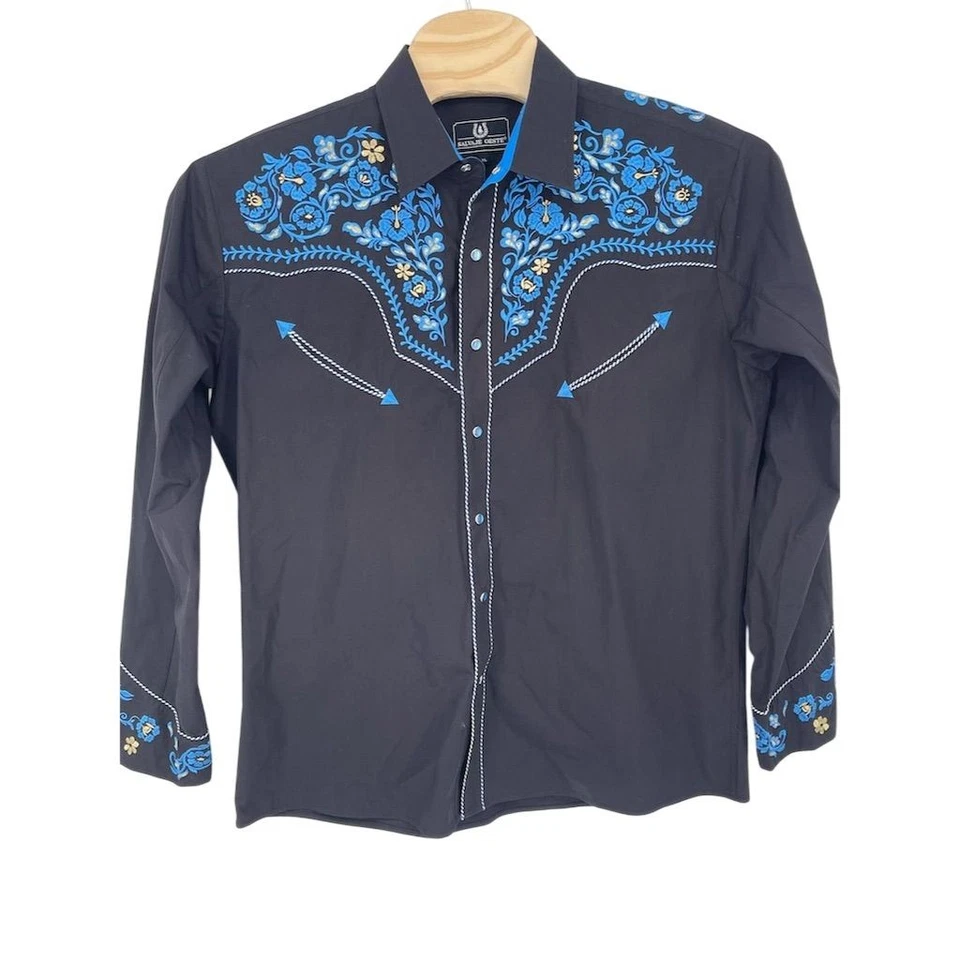 Camisa Salvage Oeste XL Negra Azul Bordada Floral Western Rodeo Perla Broches de presión Foto 4 de 4