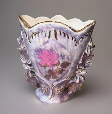Vtg 40s MCM Porcelain Purple Floral Handpainted Vase Gold Gilt Trim French Style