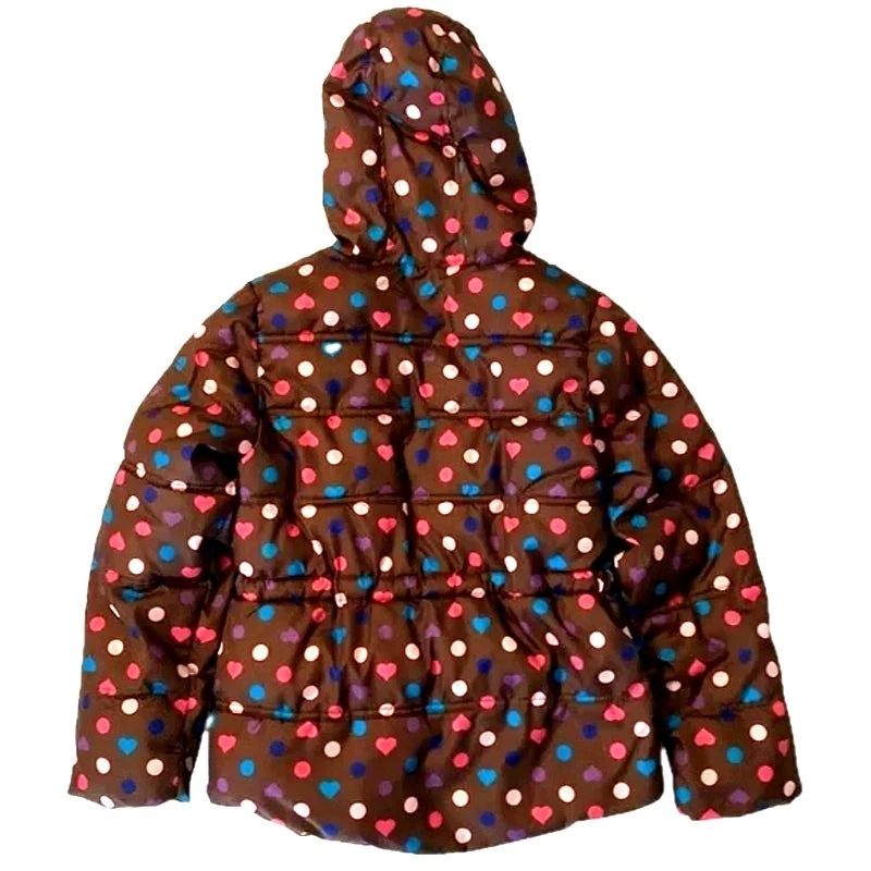 FADED GLORY Girls Sz L 10-12 Brown Puffer Coat Jacket Pink Polka Dots & Hearts - Image 2 of 4