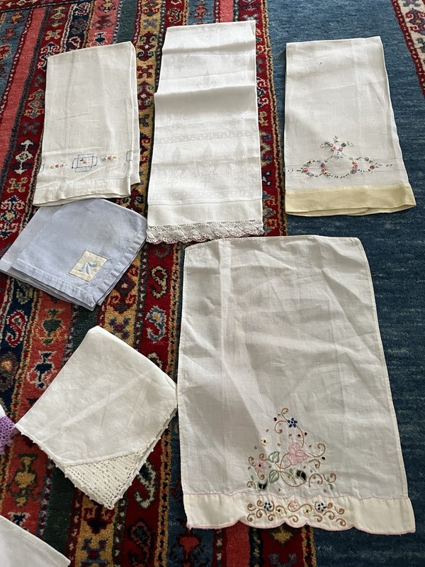 Vintage Lot of 15 Embroidered Linens - Towels, Table Topper, Cocktail Napkins