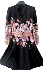 NWT $169 Tahari ASL Black/Pink Floral Pleated Belted Pockets Long Slv Dress sz 6