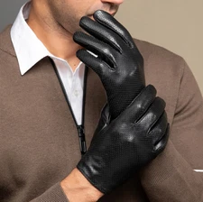 Men's Driving Thin Breathable Touch Screen Real Leather Full Finger Gloves