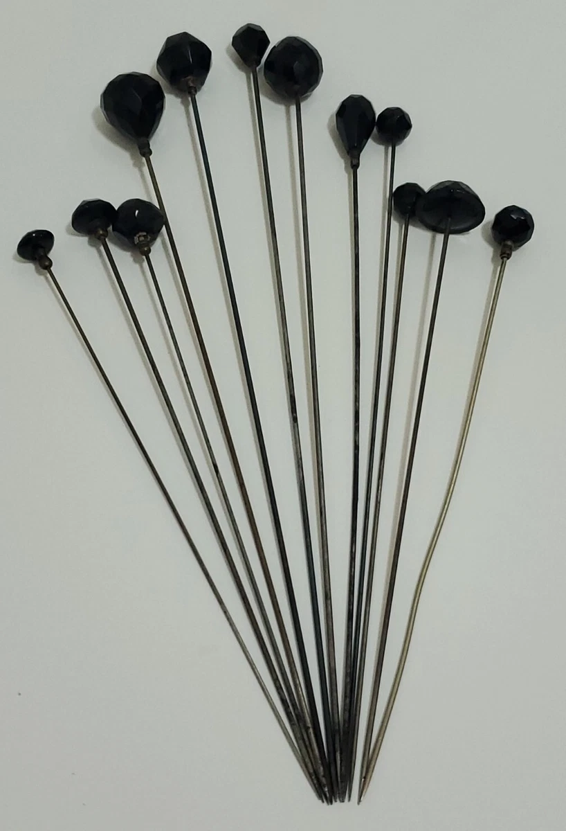 12 Antique Victorian Jet Black Faceted Shapes Glass Mourning Hat Pin Lot 1 Dozen