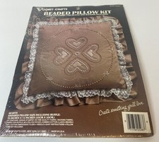 Hearts Beaded Pillow Kit 14 X 14  lace ruffle vintage brown Vogart Crafts