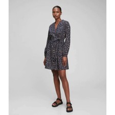 Gap Floral Split Neck Dress Navy Blue Tie Belt Pockets Womens Medium Long Sleeve