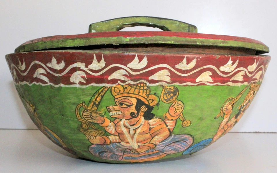Arte popular de madera vintage diosa india pintura tazón grande olla con tapa Foto 4 de 4