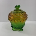 Vintage Green /Yellow Jeanette Carnival Glass Covered Lid & Footed Candy Dish
