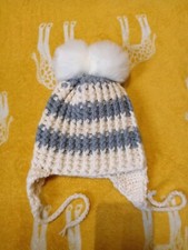 Baby Handmade Grey And White Hat With Pompom 