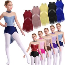 UK Kids Girls Shiny Rhinestone Lyrical Dance Dress Mesh Patchwork Skirt Leotard