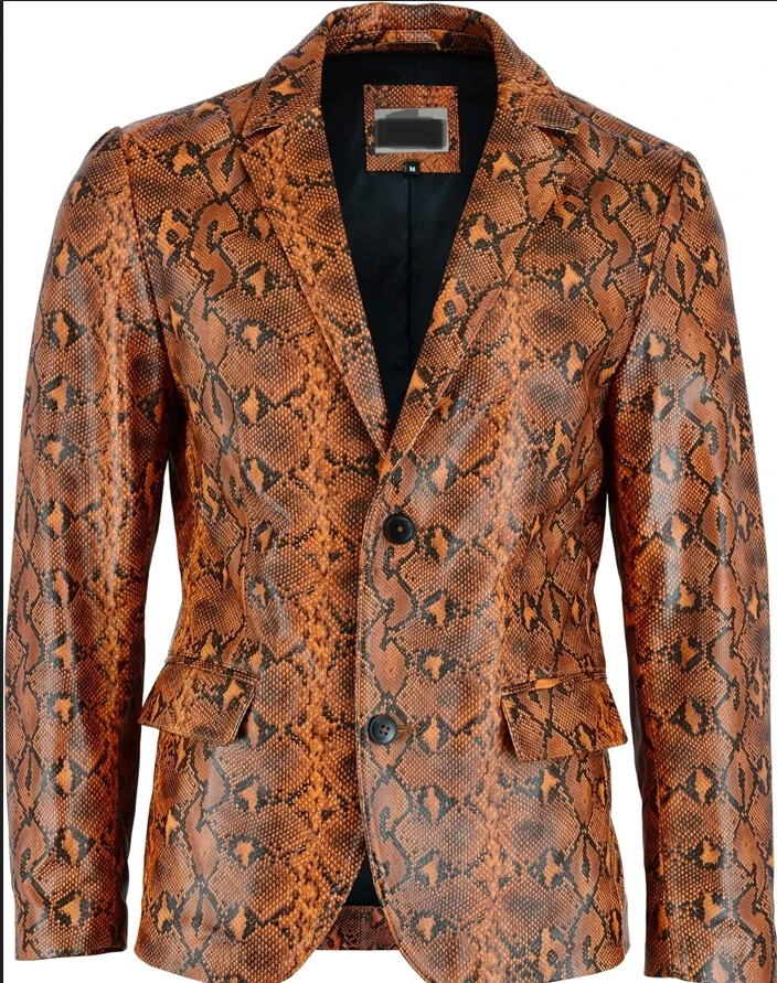 Men's Real Leather Python Textured Blazer Jacket with Two Buttons