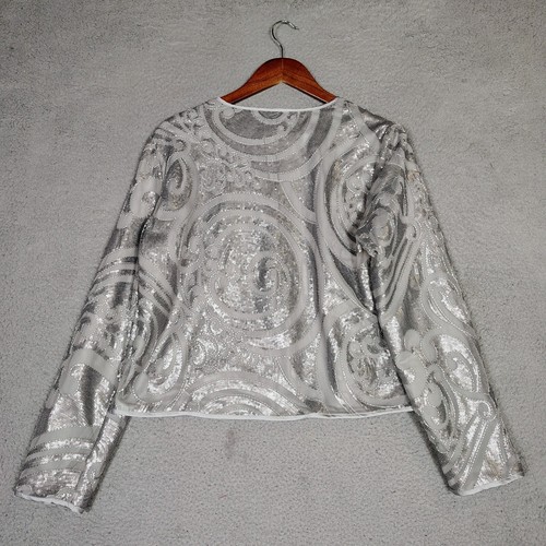 Chico's Travelers Jacket Womens 1 Gray Silver Sequin Open Front Crop Preppy - Picture 2 of 12