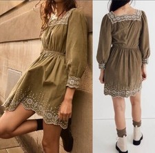 Madewell Embroidered Eyelet Green Corduroy Square-Neck Mini Dress Sz 1X Romantic