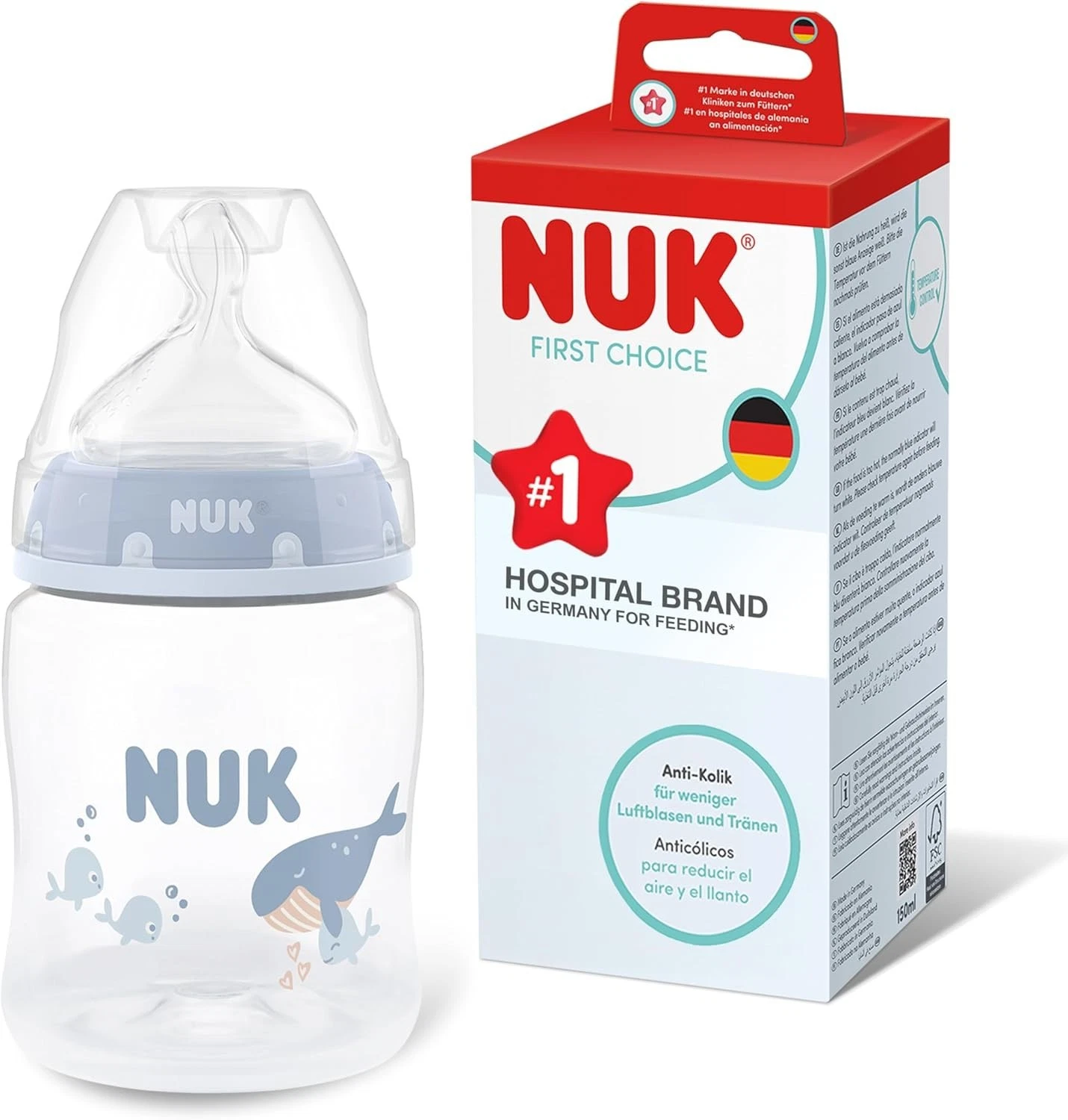 NUK First Choice+ Baby Bottle, 0 - 6 Months, Temperature Control, Anti Colic
