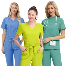 Women Nursing Scrub Set Stretchy V-Neck Straight Fit - Professional Comfortable