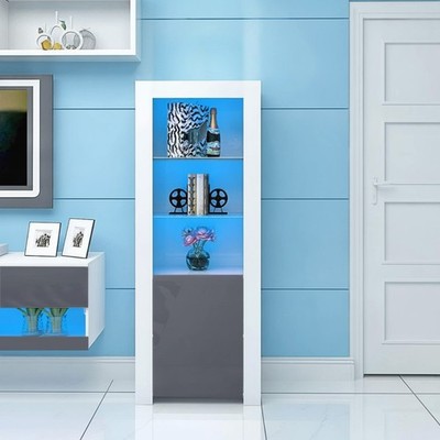 Modernes Sideboard Hochvitrine mit LED Blaulicht weiß grau Glanz Türen