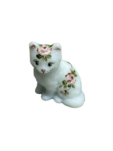 Fenton Burmese Satin Art Glass Cat Figurine Rose Painted Signed Beautiful Piece