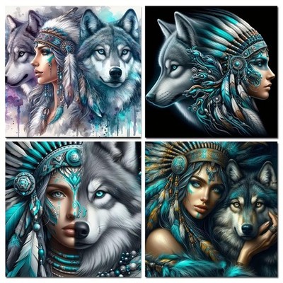 4 Pack Native Woman and Wolf Diamond Art Kits for Adults,Full Round Diamond D...