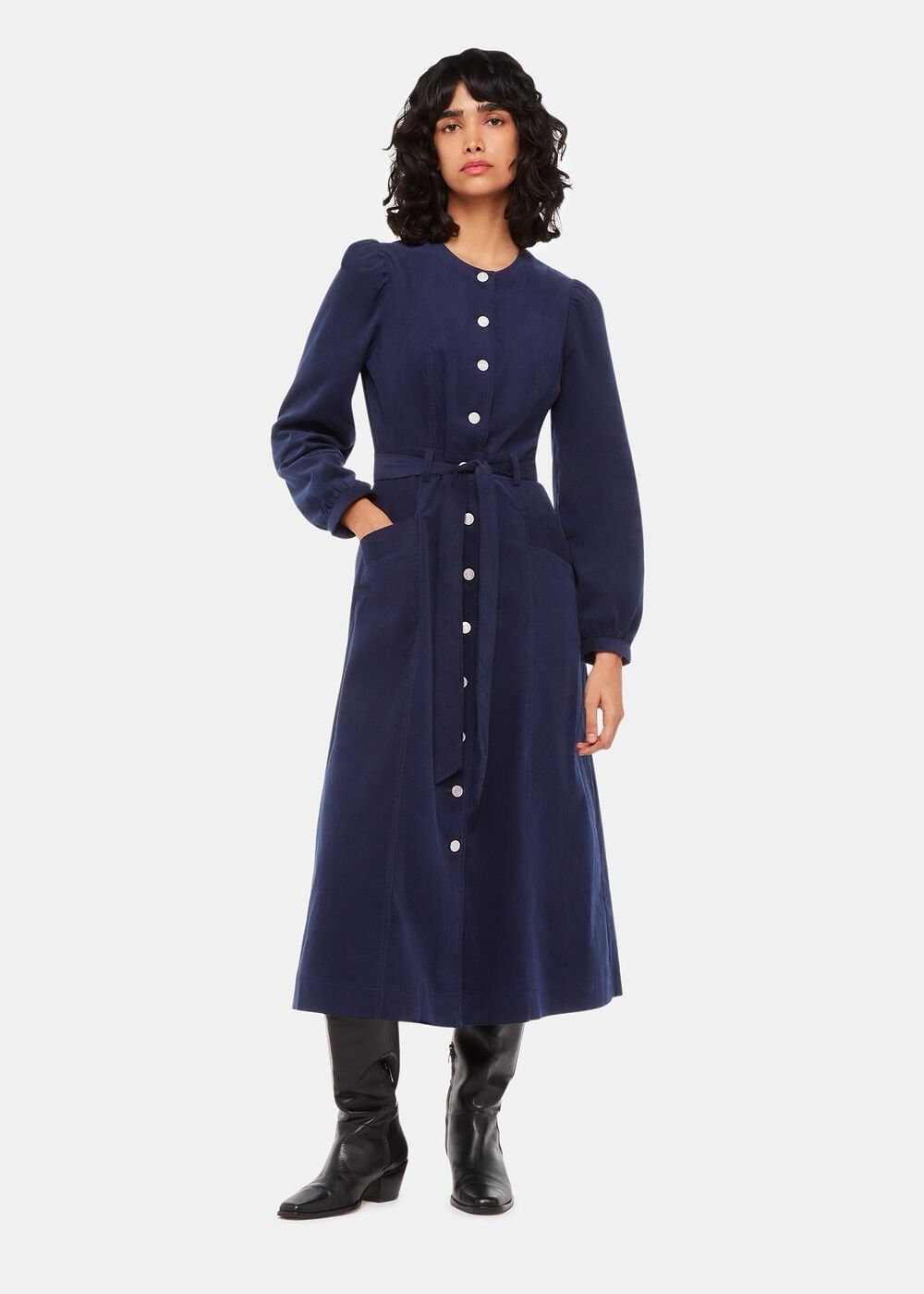 Whistles Luxurious Velvet Navy Angelica Cord Belted Midi Dress Size 10 RRP £159