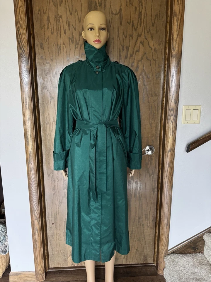 VTG British Mist Lined Trench Rain Coat Sz 10 Emerald Green Pockets Belted EUC - Image 3 of 4