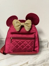 Disney Minnie Mouse Burgandy Velvet & Gold 3D Bow & Ears Mini Backpack NWT