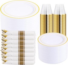 350PCS Gold Plastic Dinnerware Set for 50 Guests, Fancy Disposable Plates for...