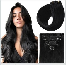 Clip in Hair Extensions Real Human Hair Black Human Hair Extenion Clips in 14"
