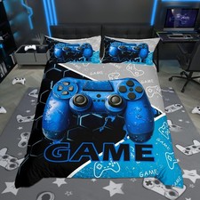 Gaming Boys Duvet Cover Set Full Size,Blue Video Game Consoles Gamepad Revers...