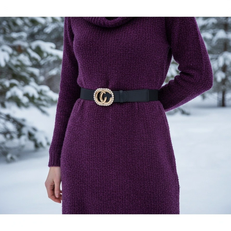 Cinto feminino elástico preto moda viagem férias bling fivela CC P M - Imagem 3 de 4