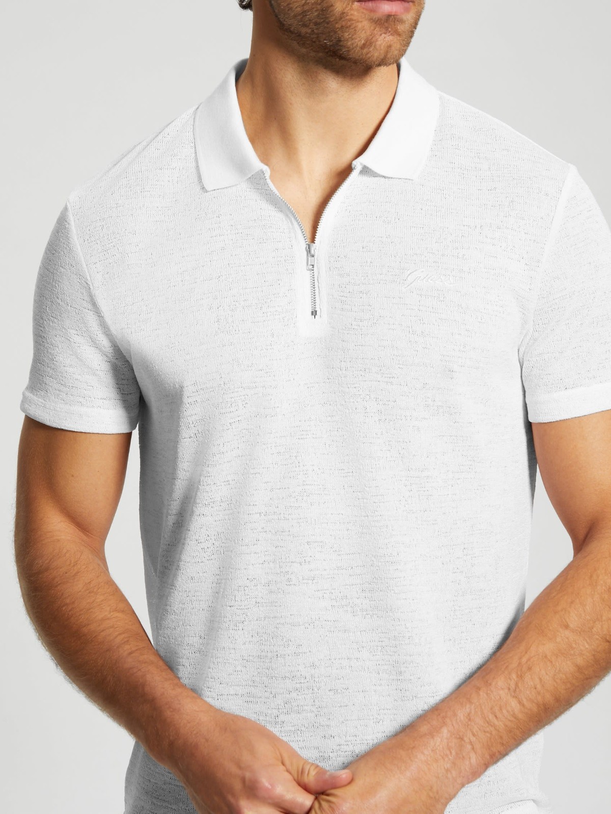GUESS Mens Gauze Jersey Zip Polo White Medium 7690₽