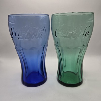 VTG Coca Cola Embossed Logo Glasses Blue Green Tinted Set of 2 Retro Collectible