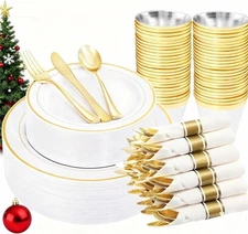 WELLIFE 210 Piece Gold Plastic Dinnerware Set, Include: 30 Dinner Plates, 30 Des