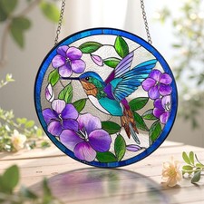 Hummingbird  Purple Flower Stained Glass Suncatcher: Garden Window Decor