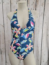 NEW SPLENDID M Navy Blue Floral Halter One Piece Swimsuit Bathing Suit Beach NWT