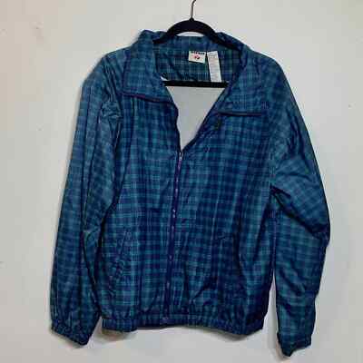 EUC Vintage Jerzees Blue and Green Plaid Nylon Zip Front Jacket Size Medium