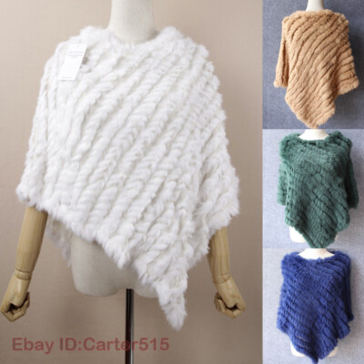 Women's Genuine Real Knitted Rabbit Fur Poncho Wrap Scarves Shawl Triangle Cape