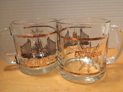 2 Rare Vintage Excalibur Las Vegas Glass Coffee Cup Mug Souvenir Gamble Travel 
