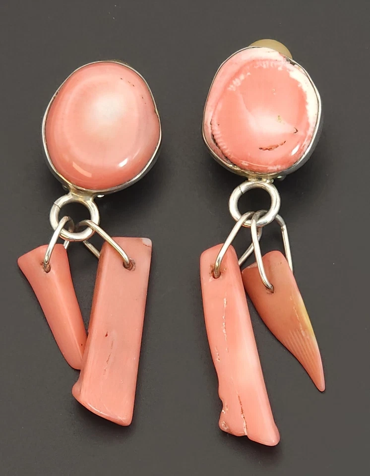 Vintage Signed Rebecca Collins Sterling Silver Clip Earrings Pink Coral Dangle - Image 2 of 4