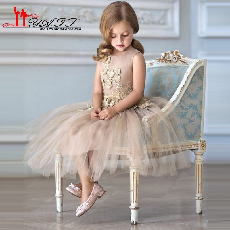 flower girl dresses gold New Lace O-neck Beauty Pageant Show Dress Wedding Communion highschool dance