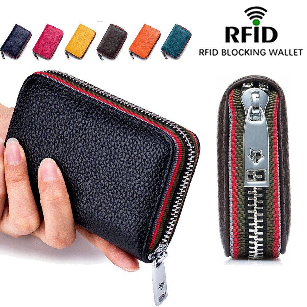RFID Blocking Women Men Zip Leather Wallet Credit Card Holder Card
