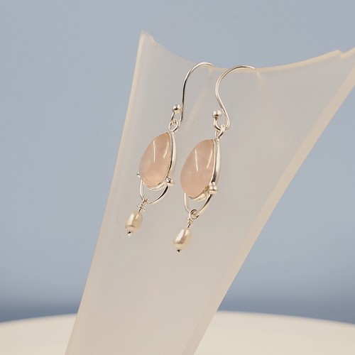 Quartz Pearl Earrings, Rose Quartz, Fresh Water Pearl, Handmade - Picture 2 of 4