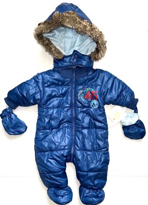 ABSORBIA baby full 'puffy' snowsuit navy/sport motif size 0-3 months