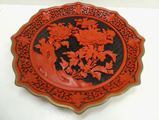 VINTAGE CHINESE RED CINNIBAR PLATE DECORATIVE RELIEF TREES FLORAL BRASS RIM