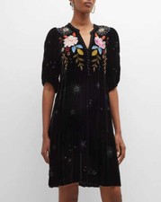 Johnny Was Celestine Velvet Puff Sleeve Floral Black Dress Flowers Embroidery NW
