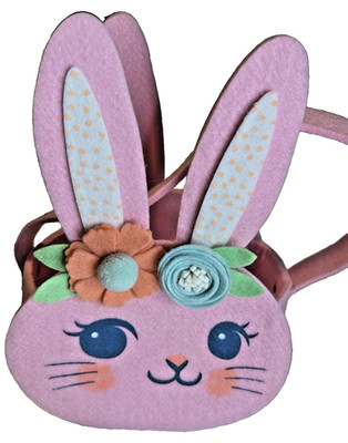 Pink Felt Bunny Girl Face Easter Basket w/Handle Target Pastel Flowers 10'' Tall