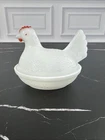 VTG Hazel Atlas Milk Glass Hen on Nest Covered Dish Basketweave Red Comb 4.5"