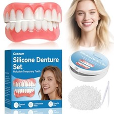 Silicone Denture Set Upper Lower Full Teeth with Dental Adhesive Beads 
