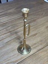 Vintage Brass Bugle Trumpet Candlestick Holder 9 Inch Taper Candle Decor Horn