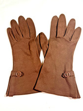 Vintage 1950s Hansen Suede Supreme Gloves Brown Gauntlet Plastic Buckle 7.5